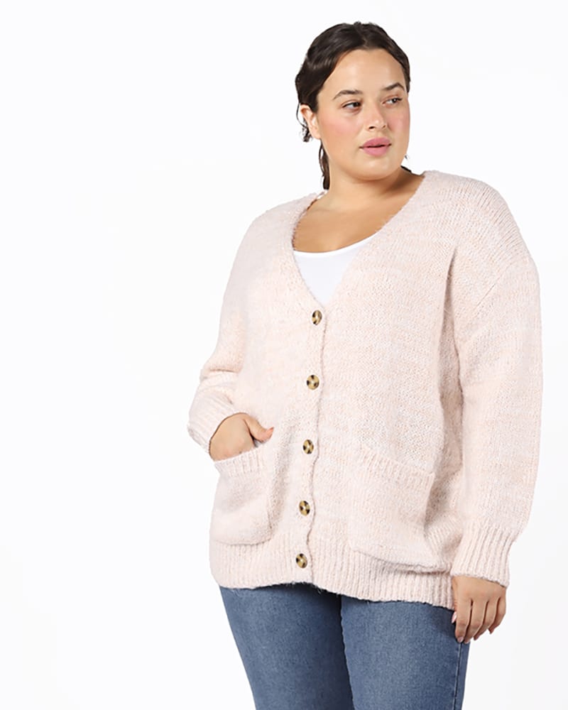 Front of a model wearing a size 0X Scarlette Eyelash Sweater Cardigan in Cream by DEX PLUS. | dia_product_style_image_id:234137
